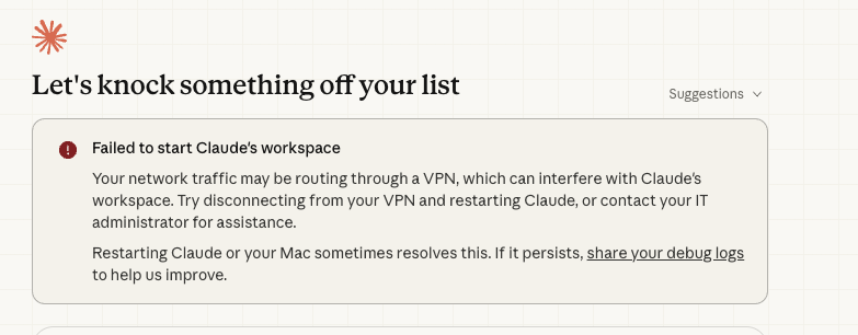 eaglei_63's tweet photo. @felixrieseberg Interestingly I started getting the "VPN detected" error only after updating to macOS v1.1.1200 - have no VPN running (VPN installed but all disabled). Didn't have this issue before the update. Happy to share logs if helpful? https://t.co/yBD40PjU8h