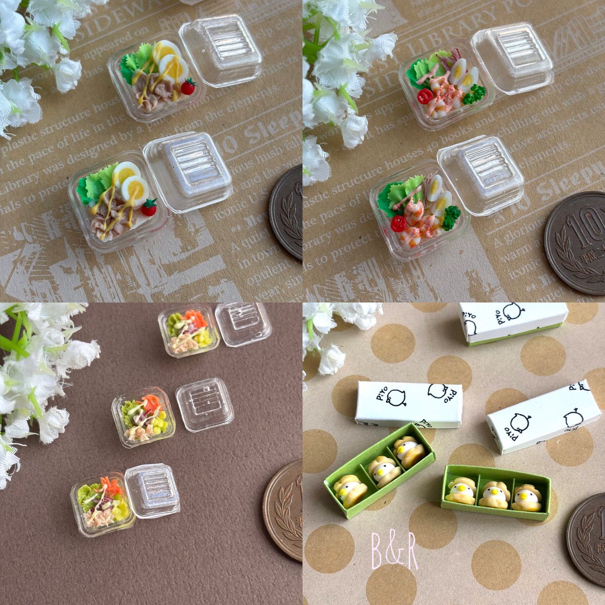 BT_underAlice's tweet photo. 最近制作した豚しゃぶのサラダパスタ、エビマヨのサラダパスタ、ツナサラダ、アヒルちゃんのシュークリームです。寄せ鍋や冬の和菓子も少し前に制作しました。今は再販する和菓子の最中を制作中です。
#ミニチュア
#ミニチュアフード
#ハンドメイド https://t.co/Ix0AJdwu1w