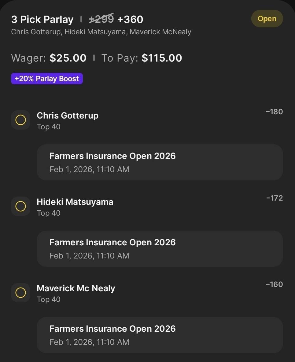 TeesGolfPicks's tweet image. ⛳️ Farmers Insurance collab w/ @chiefparlayy 

TOP 40 PARLAY (+360)
🏌️‍♂️ Gotterup
🏌️‍♂️ Matsuyama
🏌️‍♂️ McNealy

Risking 0.50u with the @DraftKings boost

We've gone 2/3 on our first two... third times a charm!
#FarmersInsuranceOpen #PGA