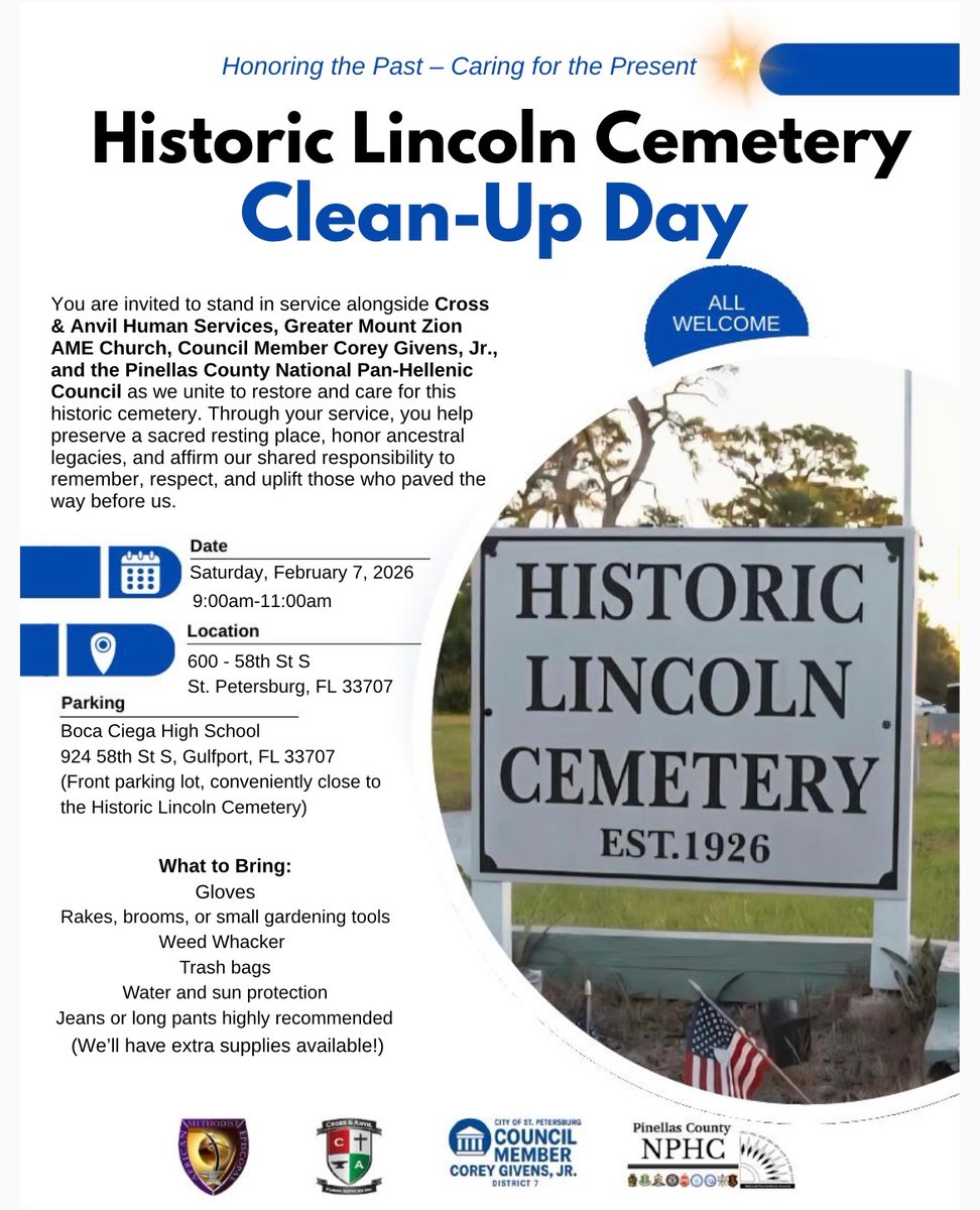 CoreyGivensJr's tweet photo. Calling ALL Greeks! Seeking meaningful ways to honor #BlackHistoryMonth ? Join me, the NPHC Pinellas County, Cross & Anvil, & others, for our upcoming Historic Lincoln Cemetery cleanup. #Divine9 #NPHC #LetsUniteStPete https://t.co/eyZXM2lg08