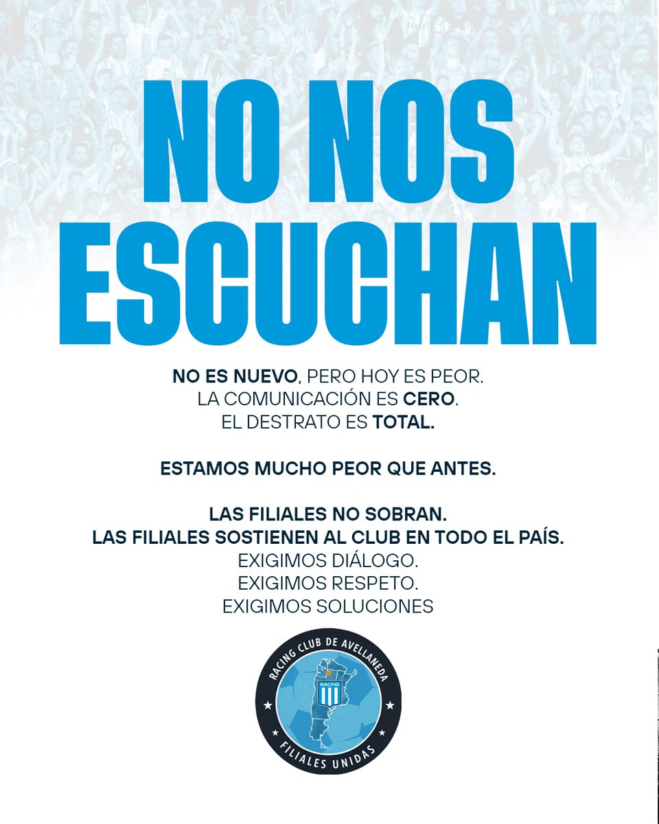 Nos quitaron funciones, espacios, derechos y diálogo.
No pedimos privilegios: exigimos respeto y soluciones.
El interior también es Racing
<a href="/RacingClub/">Racing Club</a>