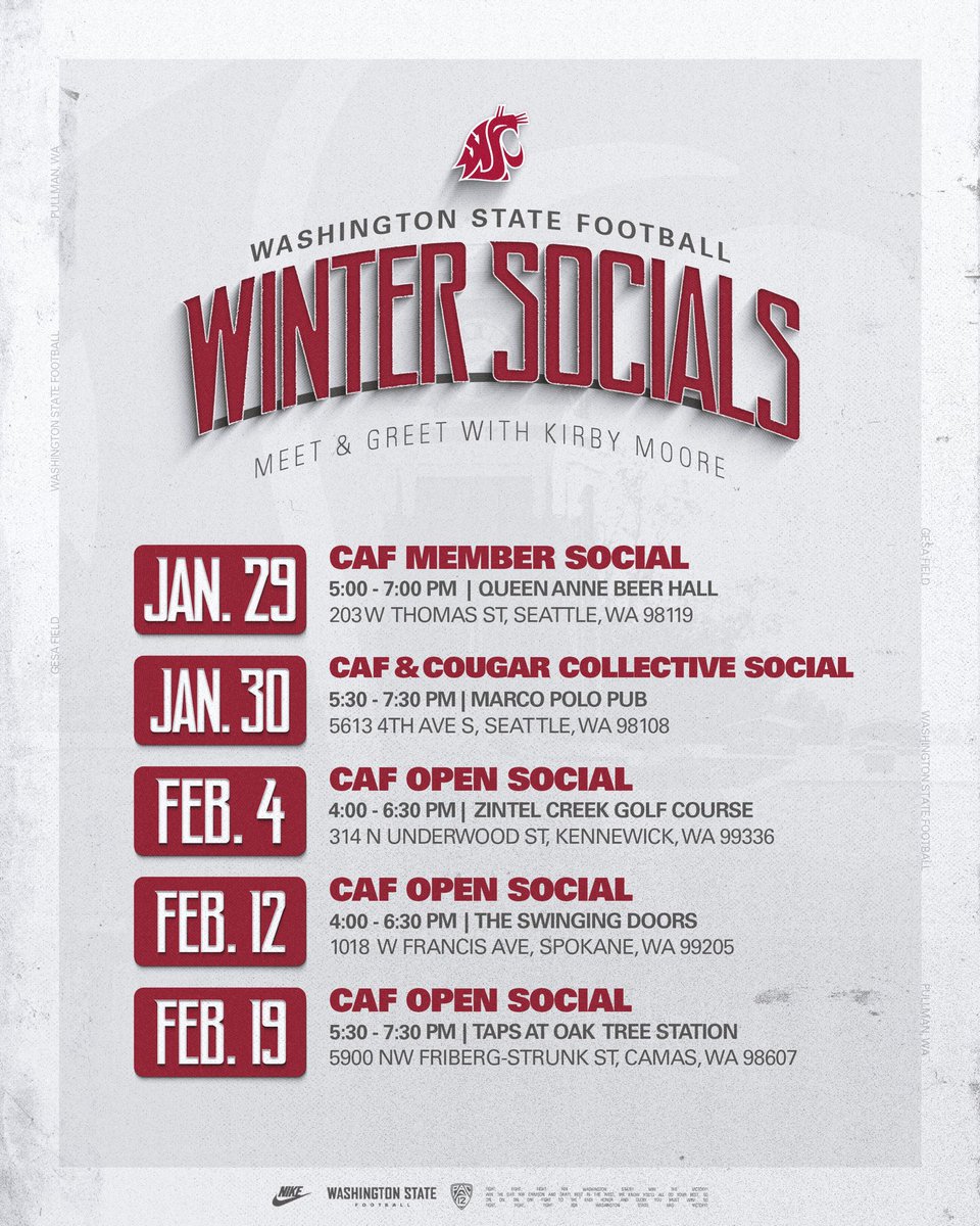 WSUCougarFB's tweet image. UPDATED‼️

All locations are set! Join Washington State Football and the Cougar Athletic Fund for Winter Socials across Washington, featuring a meet &amp;amp; greet with Coach Kirby Moore.

#GoCougs | #MadeOfCrimson
