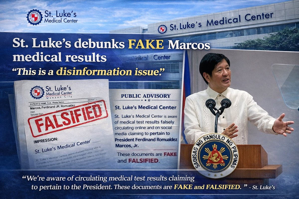 laiteranidaddy's tweet image. St. Luke’s debunks fake Marcos medical results; DS Ortega call issue ‘pure disinformation’

DEPUTY Speaker Paolo P. Ortega V of La Union on Thursday said there was nothing more to clarify after St. Luke’s Medical Center categorically denied the authenticity of alleged medical…