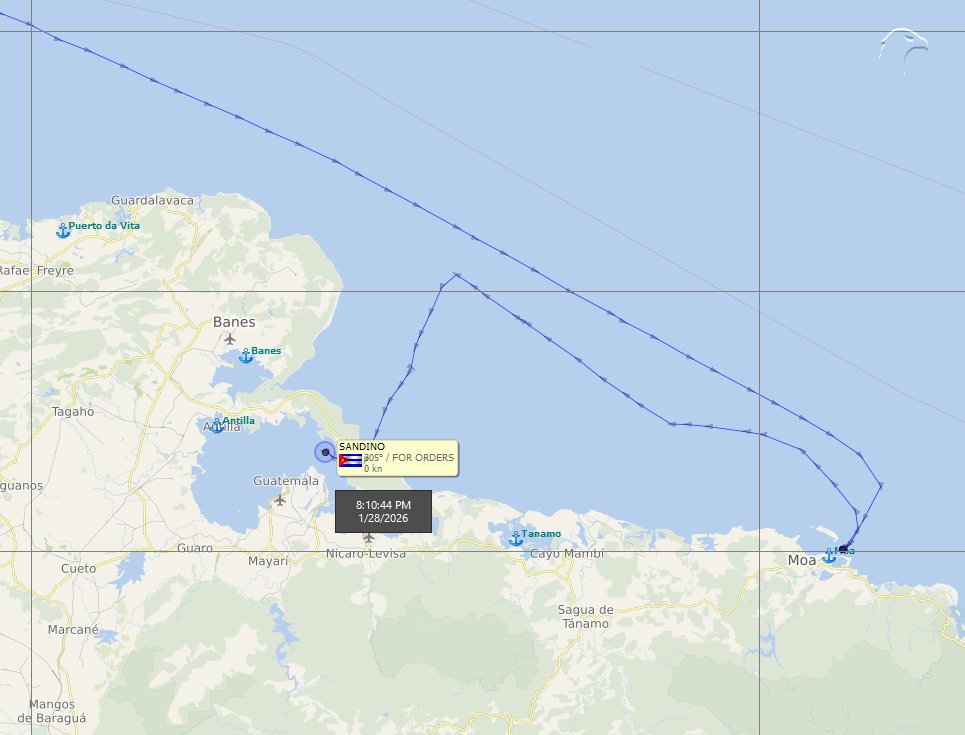 FlconEYES's tweet photo. ⚓️ SANDINO – IMO 9441178 
Tanquero del régimen de #Cuba, bajo control directo del
@PartidoPCC.

Vino cargado desde #Matanzas 
#Moa (#Holguin)- #BahiadeNipe 
Luego de entregar para @Sherritt_Intl entró a #Nipe 

#Now #Cuba #AIS #cubarcos #28Jan https://t.co/LHmdgq7S1s