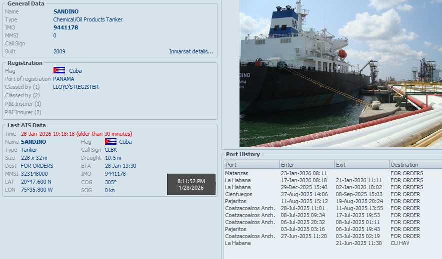 FlconEYES's tweet photo. ⚓️ SANDINO – IMO 9441178 
Tanquero del régimen de #Cuba, bajo control directo del
@PartidoPCC.

Vino cargado desde #Matanzas 
#Moa (#Holguin)- #BahiadeNipe 
Luego de entregar para @Sherritt_Intl entró a #Nipe 

#Now #Cuba #AIS #cubarcos #28Jan https://t.co/LHmdgq7S1s