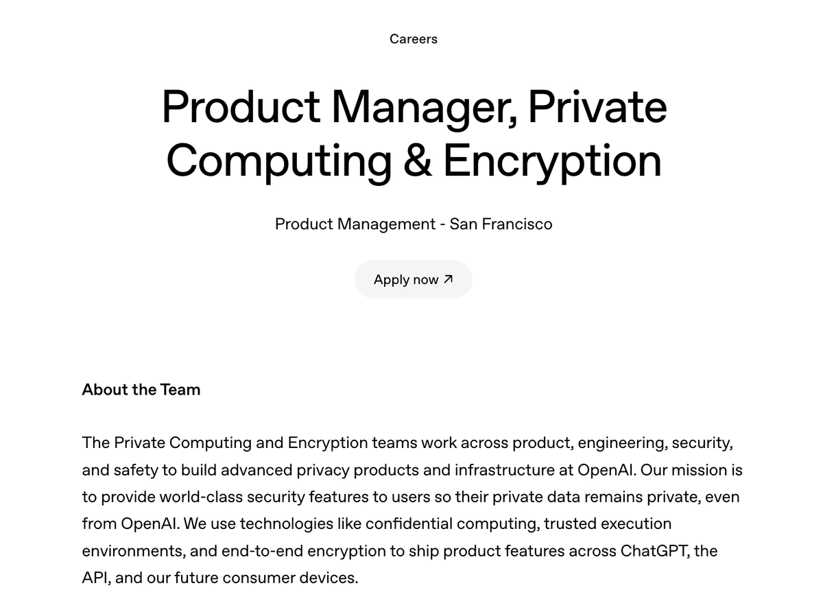 athyuttamre's tweet image. We're at a pivotal moment in AI privacy.

Billions of users trust AI with their personal information, millions of businesses are sharing confidential IP, and future consumer devices require a thoughtful approach to privacy and safety.

@OpenAI is looking for founding PMs and…
