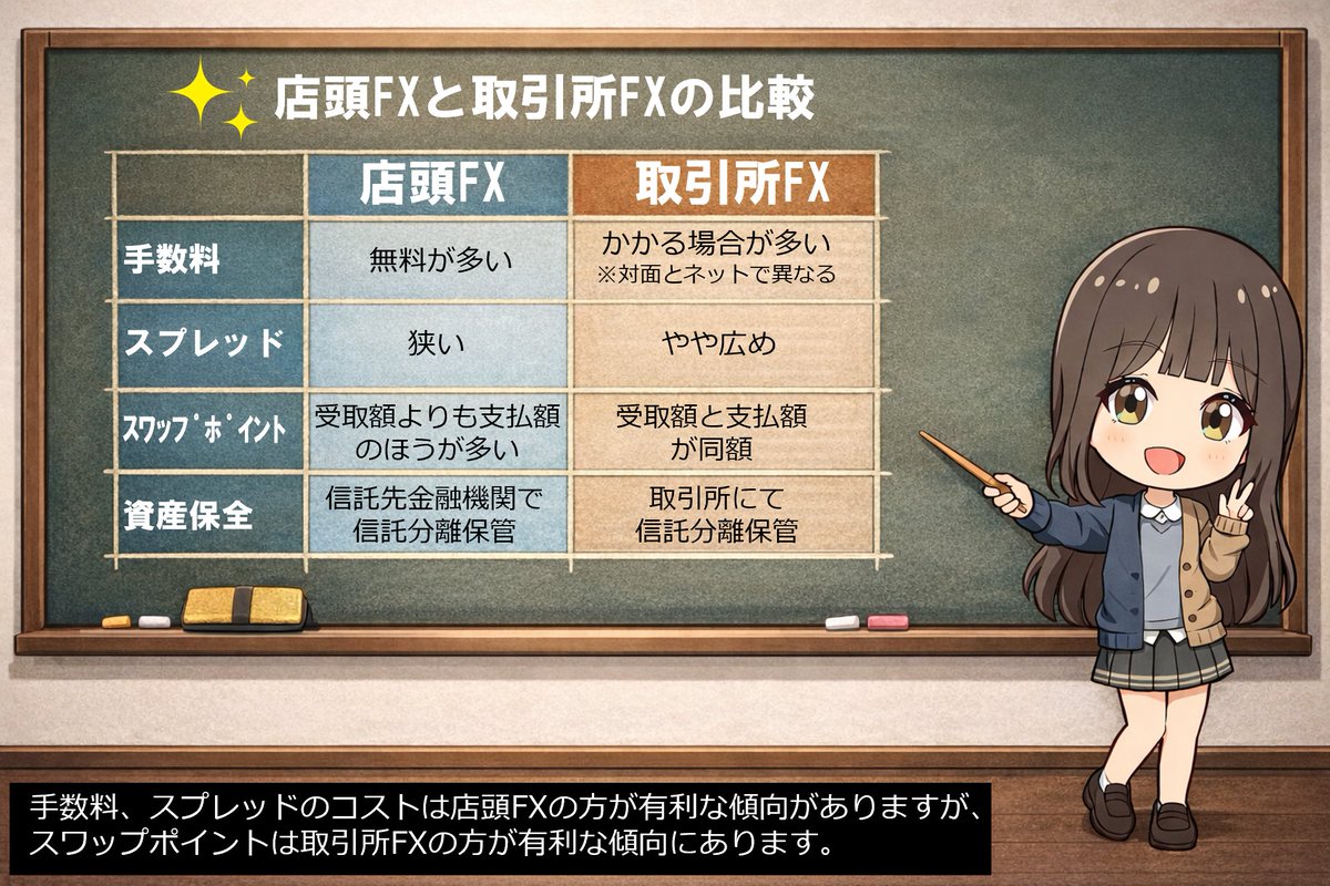 店頭FXと取引所FXを比べてみたよ〜📝✨ 💰手数料 📉スプレッドのコストは 👉 店頭FXの方が有利な傾向◎ 一方で…🤔  🔁スワップポイントは 👉 取引所FXの方が有利な傾向✨ 自分のスタイルに合う方を選ぶのが大事😊🌱 #FX #店頭FX #取引所FX #投資初心者