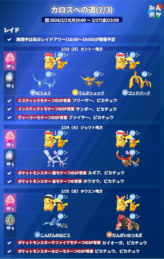 pokemongo_db's tweet photo. 【カロスへの道】
⚡��催期間
2/23(月)0:00〜2/27(金)23:59

✅新コスチュームピカチュウが登場
✅日替わりで野生、レイドボスが入れ替わる
✅レイド入手のポケモンはSP背景の可能性あり
✅伝説のポケモンは特別技を習得（一部ポケモンは確率習得）
など

 https://t.co/Qq1OxAGiZG #ポケモンGO https://t.co/XNpO5hos1c