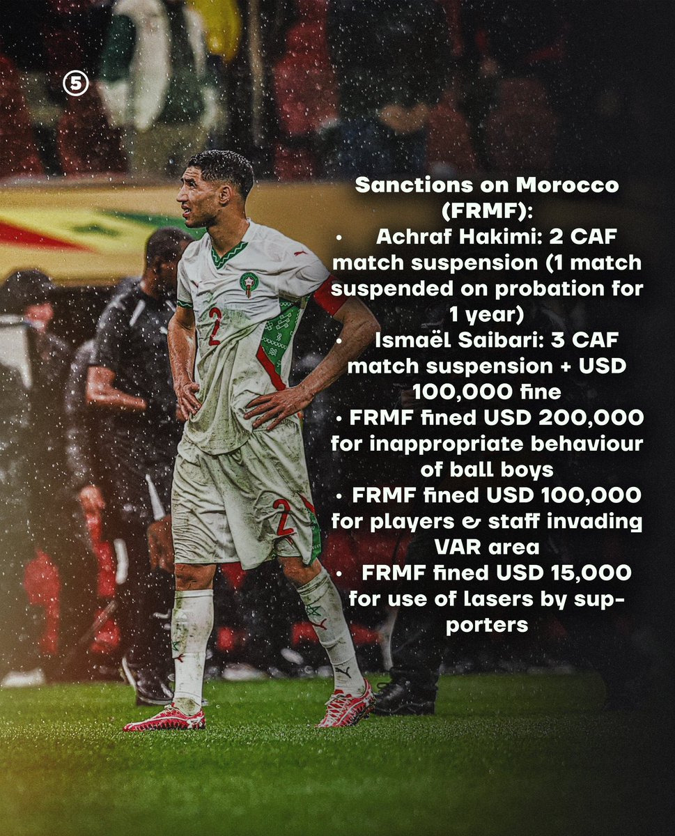 🚨 AHORA: SE CONFIRMARON LAS SANCIONES POR LA FINAL DE LA COPA AFRICANA

- La CAF RECHAZÓ el pedido de Marruecos de darle la final por perdida a Senegal

Sanciones:

🇸🇳 SENEGAL:
- Papé Thiaw (DT): 5 partidos de suspensión (solo CAF) + multa
- Iliman Ndiaye: 2 partidos de