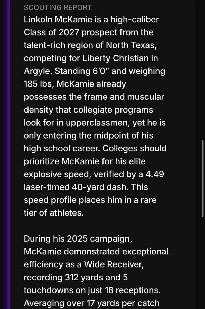 One11Recruiting's tweet photo. Check out one of our top rated recruits for the Class of 2027!

@linkoln_mckamie 

➡️ WR / CB 
➡️ 6’0 / 185 lbs
➡️ Liberty Christian 
➡️ Southlake, TX
➡️ Explosive Speed https://t.co/0PFlcmDl6N