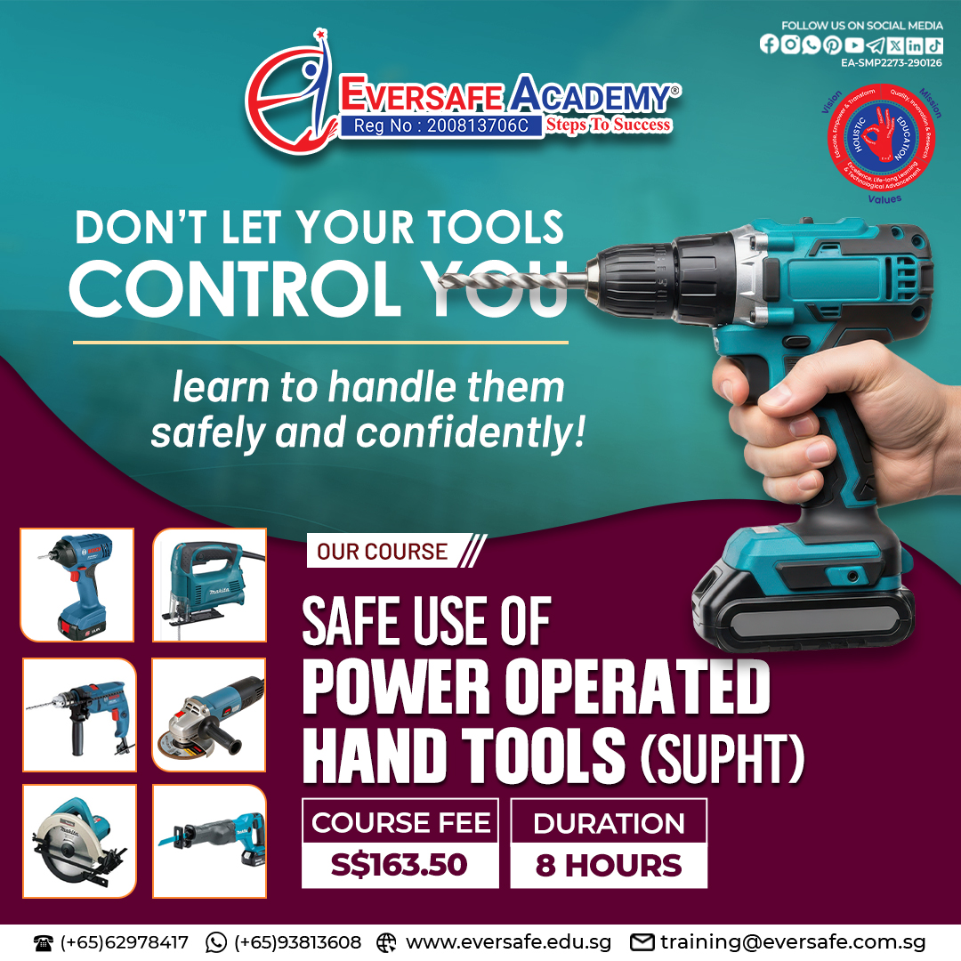 Safe Use of Power-Operated Hand Tools (SUPHT)

#EversafeAcademy #SUPHT #PowerToolSafety #WorkplaceSafety #SafetyFirst #SingaporeConstruction #WSH #SkillUp #ConstructionSafety #SafetyCertification #HandToolSafety