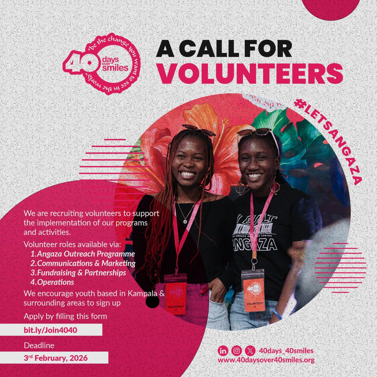 40days_40smiles's tweet image. 🚨Opportunity Alert 🚨
4040 is calling for passionate young volunteers to join our amazing team! 

Be part of the change by serving in one of the departments listed. 

📅 Deadline: 3rd February, 2026
📌 Apply now via bit.ly/Join4040