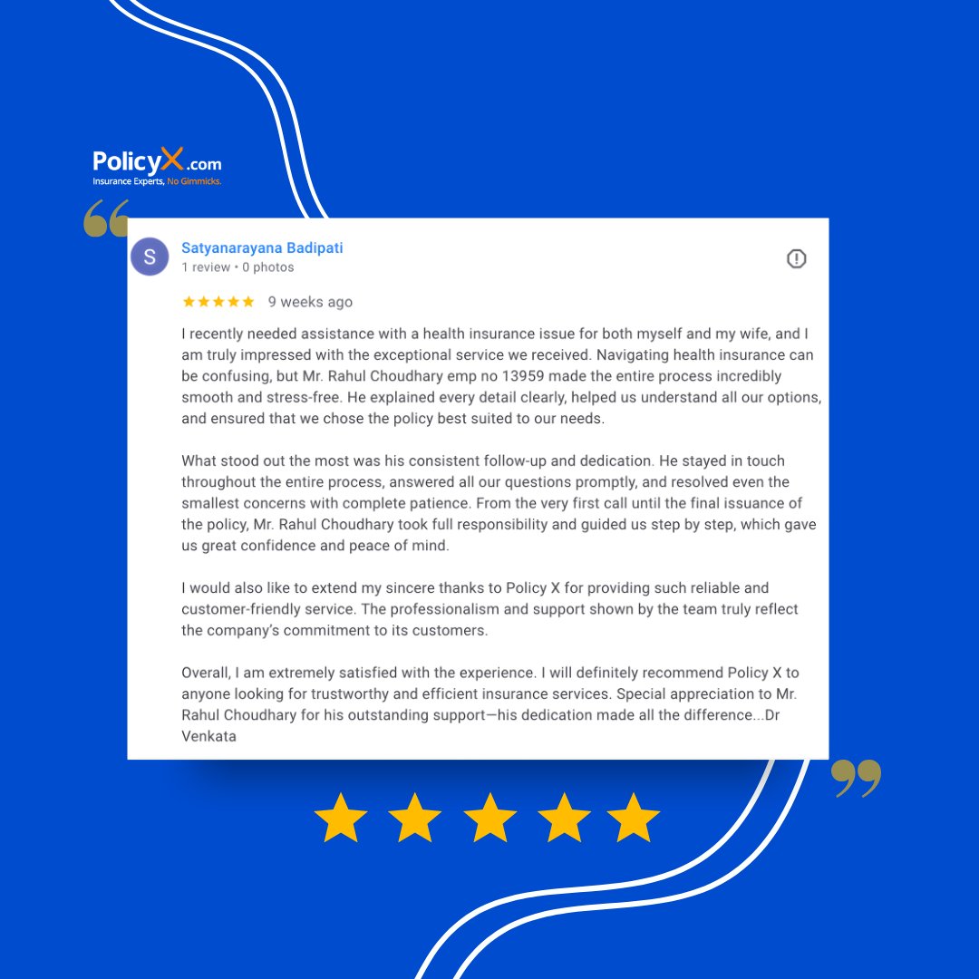 _PolicyX's tweet photo. Grateful for reviews like these 💙
A big thank you to Rahul Choudhary for going above and beyond to support our customers, and to our customers for trusting PolicyX with their insurance needs.
This trust means everything to us.

#PolicyX #CustomerTrust #EmployeeAppreciation #TeamPolicyX #InsuranceWithCare