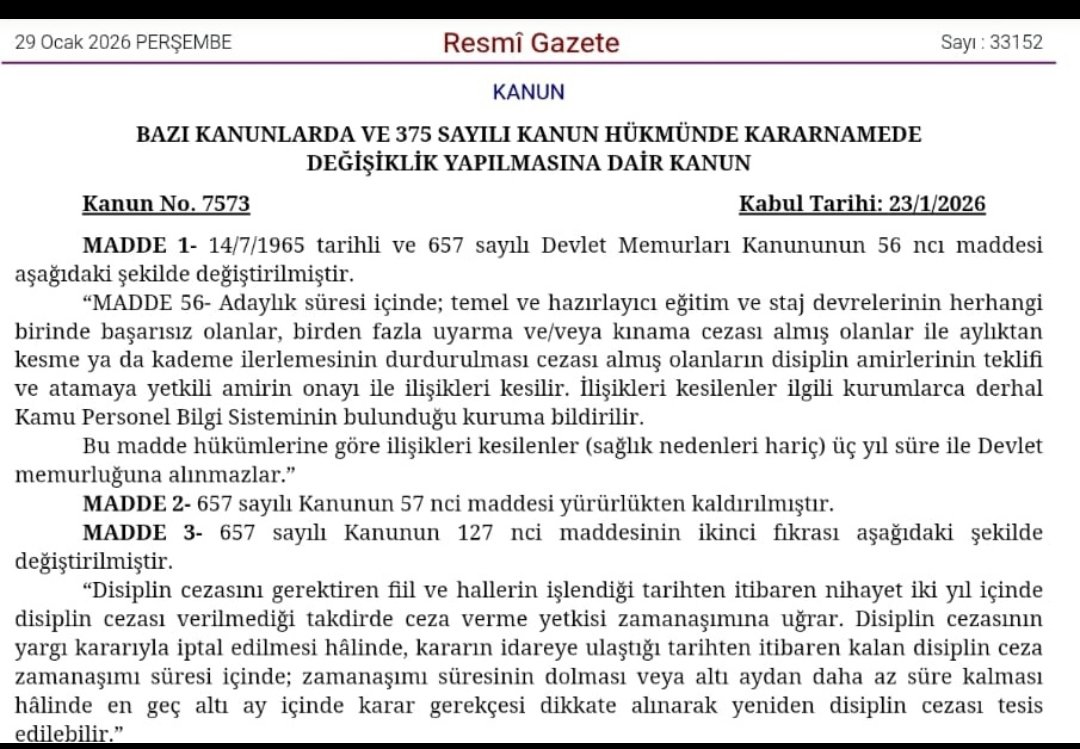 Uyarısını yaptığımız, 
Kanun Resmi gazetede yayınlandı.
Yeni atanacak memurların işten atılması artık bir uyarı ve kınama cezasına bakıyor.

Yöneticilerin #SaglıktaSarıYapılanma'nın elamanları olduğu düşünüldüğünde sendikal üyeliğe kelepçe vurulmuştur.

Kanun iptal edilmelidir.