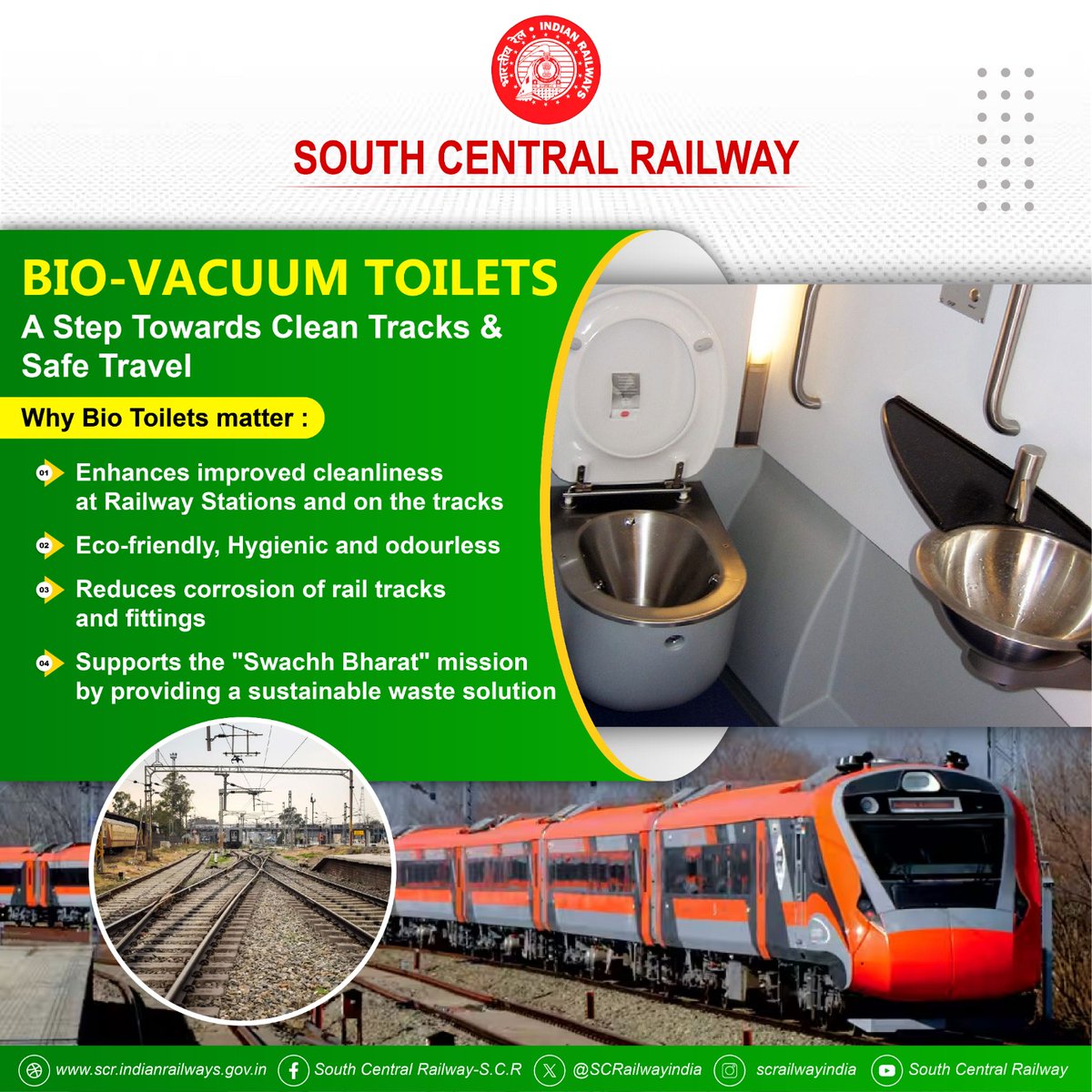 SCRailwayIndia's tweet photo. Bio-Vacuum Toilets 🚆🚻
A step towards cleaner tracks, better hygiene, and eco-friendly travel. Supporting Swachh Bharat with sustainable waste management for a safer railway journey. 🌱✨
#BioVacuumToilets #CleanTracks #SwachhBharat #EcoFriendlyTravel #SouthCentralRailway https://t.co/I6cHecM3hJ