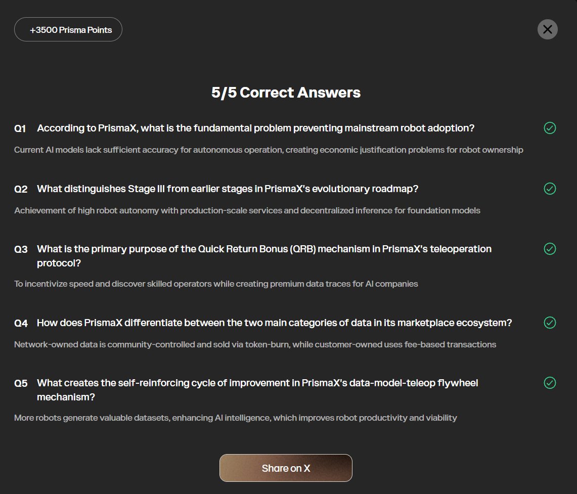 1、网站：app.prismax.ai
连接右上角钱包（ SOL 地址）初次登陆送1000积分，每日登录送10积分
2、每日聊天拿50积分，左侧【Live Control】找到【live chat】输入任意内容
3、回答5个问题可获3500积分，答案在图二
以上就是机器人赛道<a href="/PrismaXai/">PrismaX</a> 0撸教程