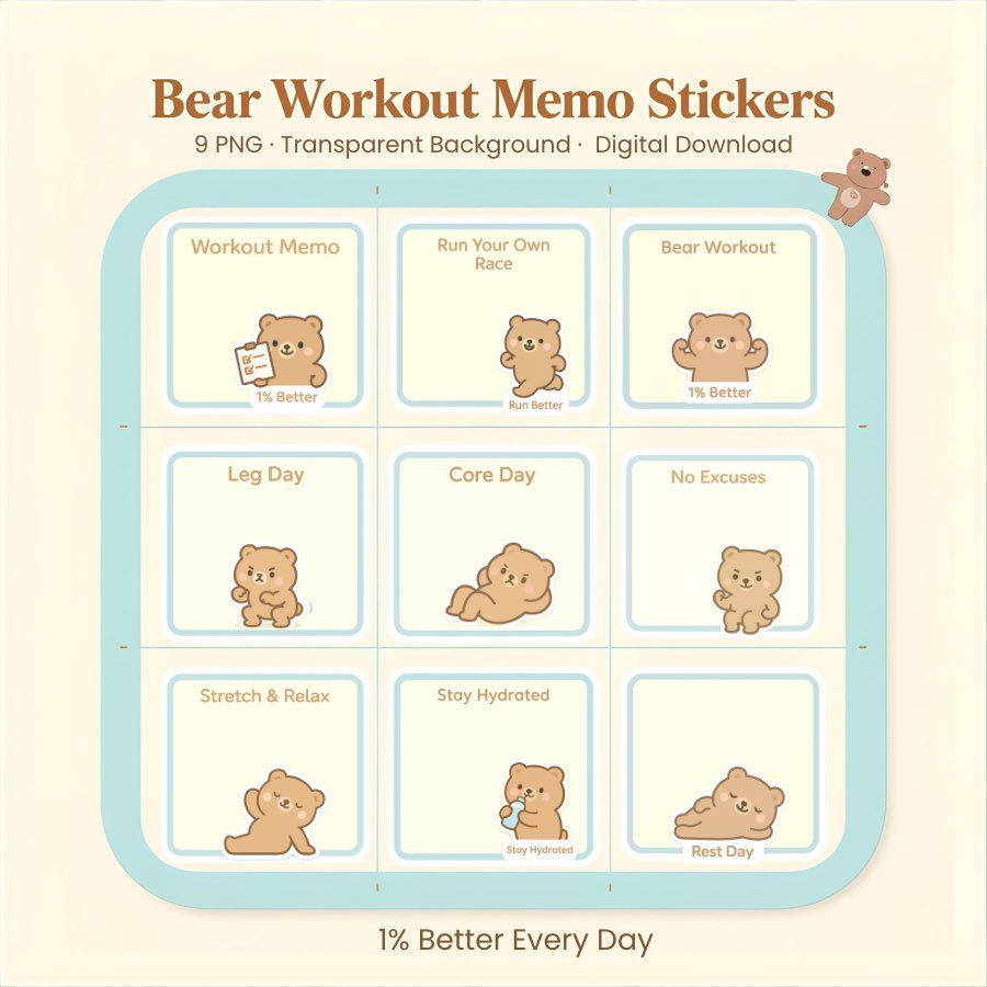 kaidrama's tweet image. Just launched my cute bear workout memo stickers 🐻✨
Gentle fitness • planner friendly • digital download
1% better every day 🤍 #digitalstickers #etsyseller #kawaiiart 

👇🏽
etsy.com/listing/442417…