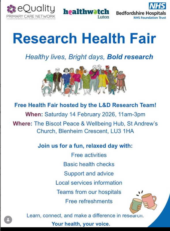 hwluton's tweet photo. Research Health Fair
Join us for a FREE Health Fair hosted by the L&D Research Team!
🗓 Saturday 14 February 2026 | 11am–3pm
📍 Biscot Peace & Wellbeing Hub, St Andrew’s Church, LU3 1HA
#ResearchHealthFair #HealthyLives #HealthResearch #YourHealthYourVoice #equalitypcn🤝 https://t.co/hZEZHHB2zw