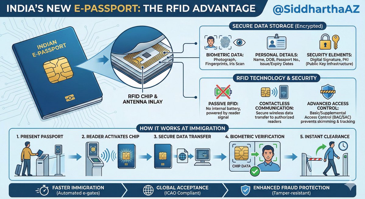 <a href="/JIX5A/">JIX5A</a> India's new e-passport integrates an embedded RFID chip and antenna to improve security and speed up immigration.

Key Technical Details:

- Storage: 64KB memory storing biometric data (fingerprints/iris) and digital signatures.

-Passive RFID: The chip has no internal battery;