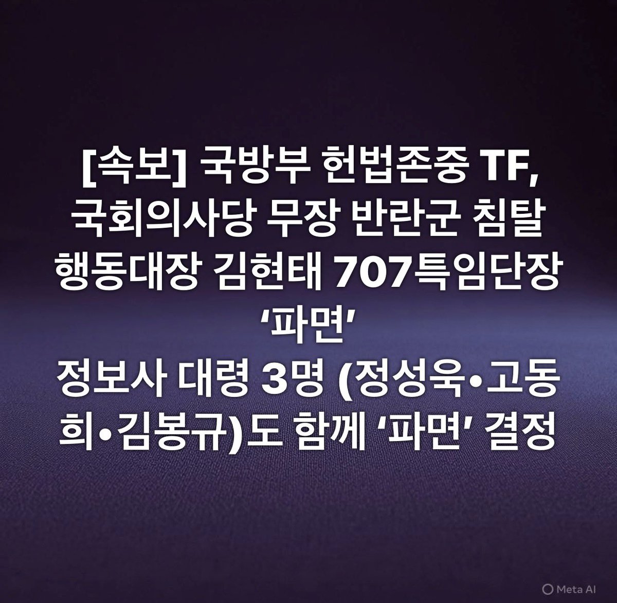[속보] 국방부 헌법존중 TF,
국회의사당 무장 반란군 침탈
행동대장 김현태 707특임단장 ‘파면’
정보사 대령 3명 (정성욱•고동희•김봉규)도 함께 ‘파면’ 결정