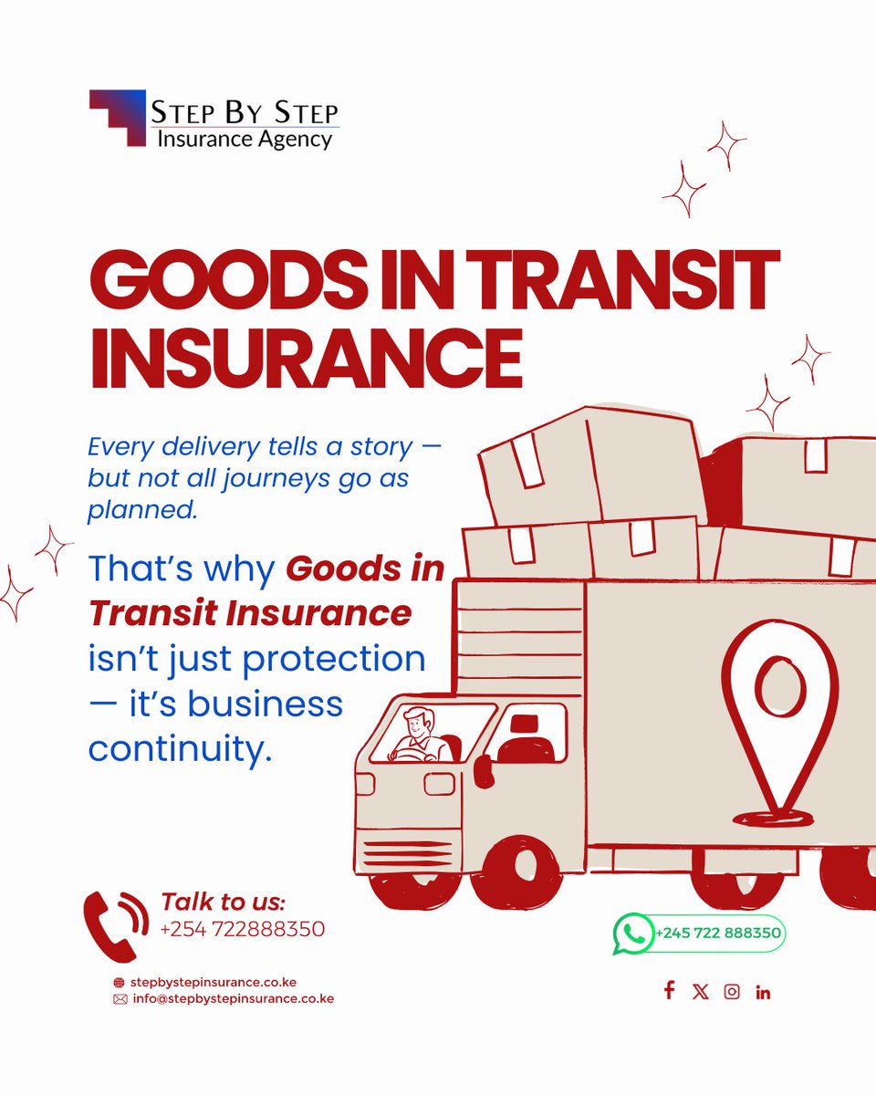 StepByStepIA's tweet image. 🚚 Good In Transit Insurance 
Every delivery tells a story — but not all journeys go as planned. 🚚

That’s why Goods in Transit Insurance isn’t just protection — it’s business continuity.

#GoodsInTransit #LogisticsKenya #SupplyChainKE #StepByStepInsurance