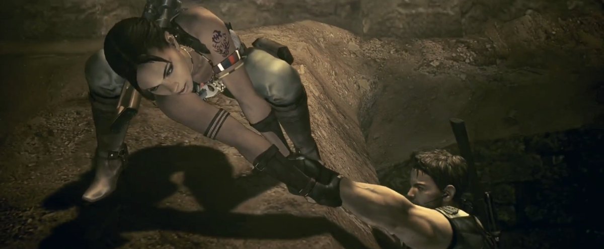 RacconSurvivor's tweet image. One of those funny yet thoughtful details in RE5 is that during the trap section, Sheva drops into a much deeper squat to brace herself when pulling Chris due to their weight gap. Also in Chris' scene, they reach the gate faster since he pulls her up slightly quicker. #REBHFun