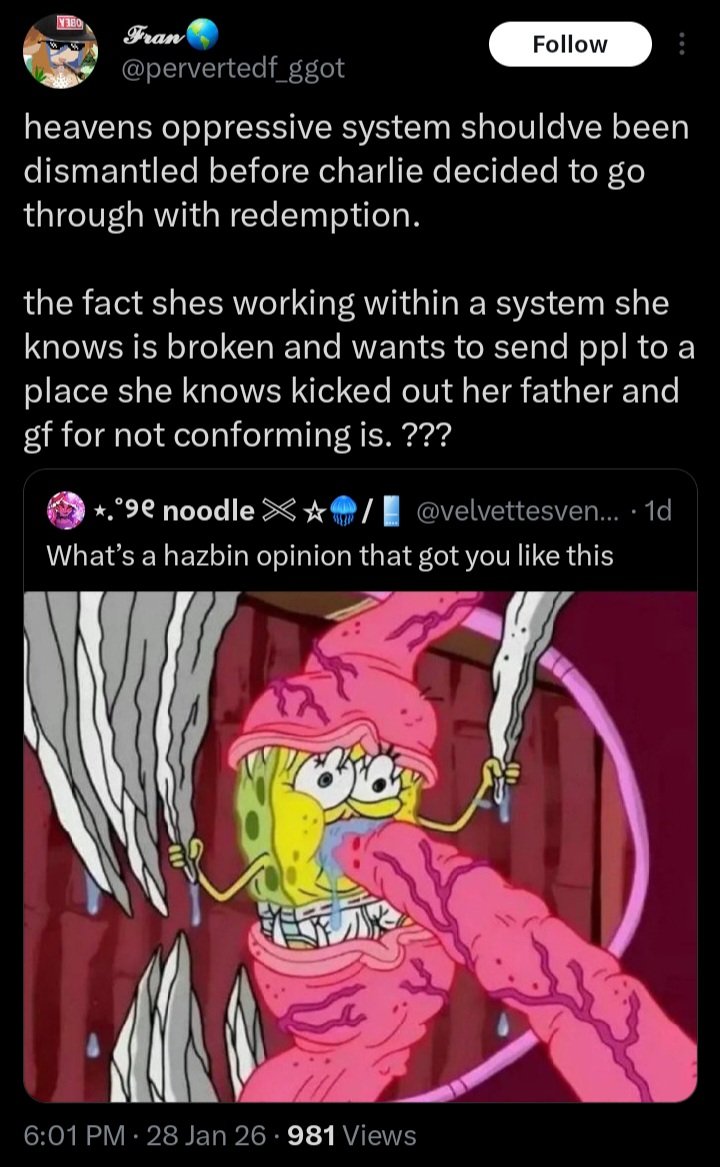 CursedK1NG_'s tweet image. &amp;gt; Heavens Oppressive System

....I....I don't....

Hell has LITERAL LEGALIZED SLAVERY. 

What are we talking about. 

Ive never seen Rape, Child Trafficking, &amp;amp; Drugs in Heaven (canonically in Hell)

Straight up delusional romanticizing bad faith
#HazbinHotel #Heaven #Hell
