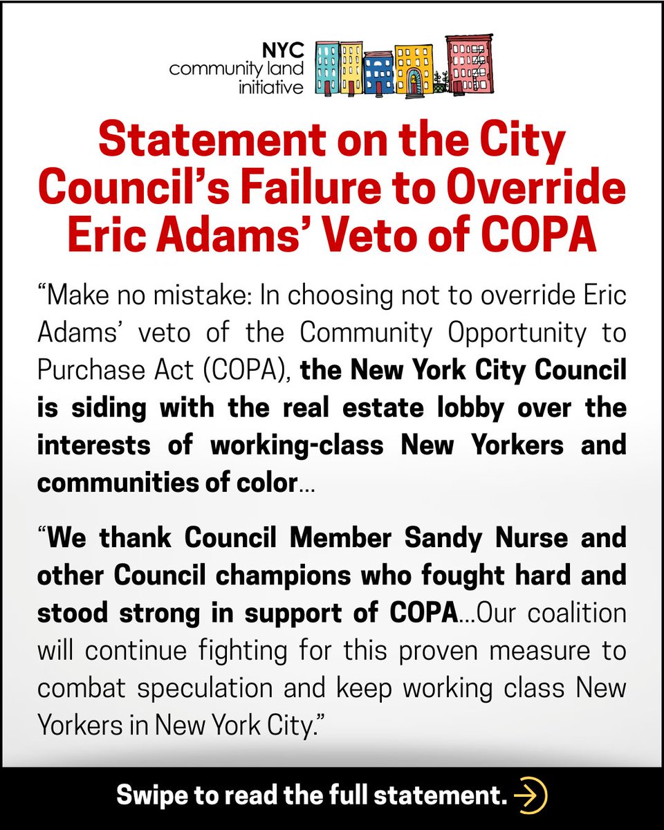 NewEconomyNYC's tweet image. Read @NYCCLI’s statement on the City Council’s decision not to override Eric Adams’ veto of the Community Opportunity to Purchase Act (COPA).