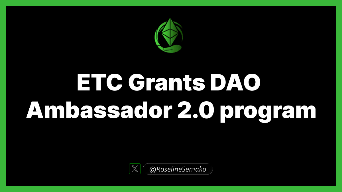 RoselineSemako's tweet photo. Applications are officially open for the @ETCGrantsDao Ambassador 2.0 program, and this is one of those opportunities that actually compounds over time.

If you’re building in public, educating consistently, or actively pushing web3 culture forward, this program was designed for people exactly like you.

What you get if you step in:
- Official EGD Ambassador status with clear recognition
- Rewards directly tied to measurable growth and impact
- Early access to a tight cohort of builders and creators
- A real seat at the table shaping Ethereum Classic’s ecosystem

The incentive structure is simple and transparent: every 1k new followers you bring in earns you 5 $ETC.

If you’ve been waiting for a clean signal to level up your presence and turn influence into impact, this is it.

Apply with intent, step up with conviction, and move like you mean it.