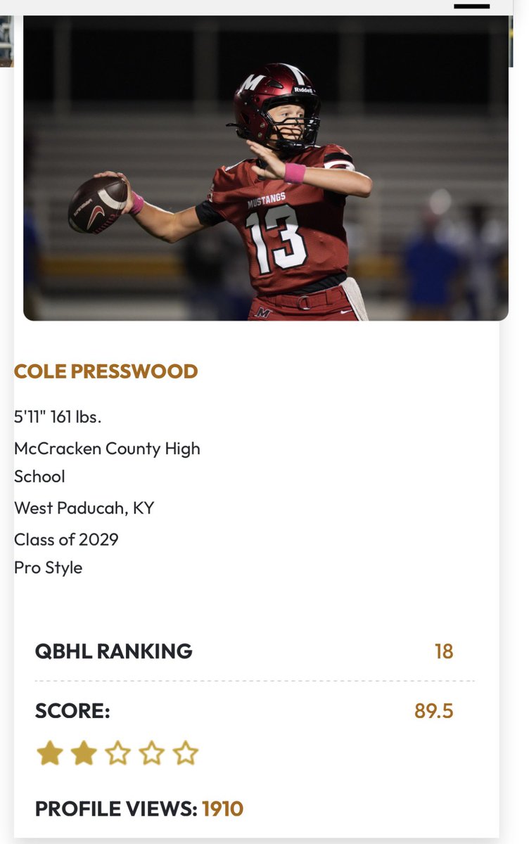 PresswoodCole's tweet photo. Rankings can go to your head. For us, it’s just a sign you are headed the right direction. Thankful to be the #1 Overall Player & QB on @PrepRedzoneKY in the state of KY. Thankful for @QBHitList ranking of #1 in state of KY and #18 in country.  Head down, back to work!

@LippertScouting  thanks for the write up. @PrepRedzone @drew_toennies @NWahlScouting @Bryan_Ault @ChadSimmons_ @CharlesPower @shaynep_media @CarsonBounds 
@McCrackenStangs @MCHFC_Brooks78 
@QB_Era_ @RyanSample12 @QBCoachPreston @TRU_QB 
@BuckFitz @NCEC_Recruiting   @coachstarks25 @Hunter_DeNote @jaxon_rose8 @QBUniverseQBU @PhillipsQBA @TheQBEngineer @QBIQsystem