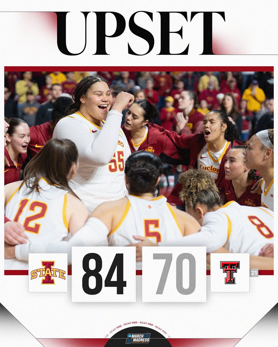 MarchMadnessWBB's tweet image. IOWA STATE UPSETS NO. 21 TEXAS TECH 🤯

The Cyclones defeats No. 21 Texas Tech on the road behind Audi Crooks double-double. 

#NCAAWBB x @CycloneWBB