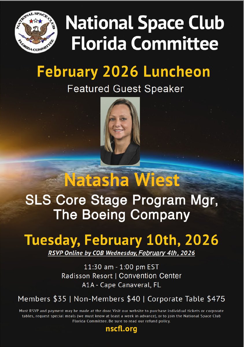 NSCFL's tweet photo. Join us at our Feb. 10 luncheon at Cape Canaveral featuring Natasha Wiest, Boeing's SLS Core Stage program manager. https://t.co/FgJ0OFgGUs https://t.co/BAhqcSRx1v