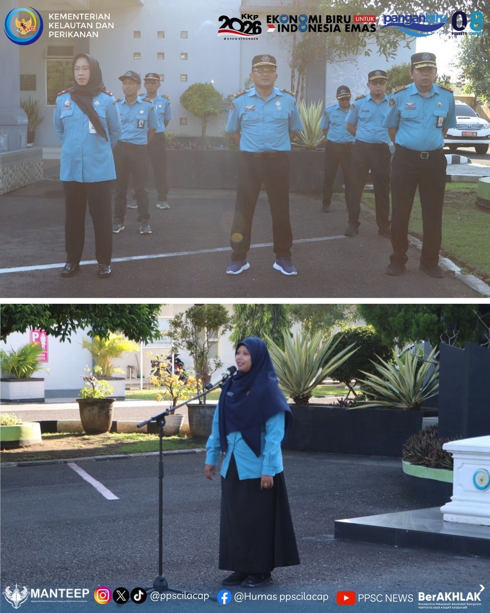 ppscilacap's tweet photo. Apel Pagi Pegawai PPS Cilacap, Kamis (29/1/2026). Pembina Apel Pengelola Produksi Perikanan Tangkap dengan menyampaikan terkait Penerapan Tugas dalam bekerja di Timja Kesyahbandaran.    

#DJPTDisiplin #DJPTBerdedikasi #DJPTBerprestasi #ppscmanteep https://t.co/aBP9PHDmH5