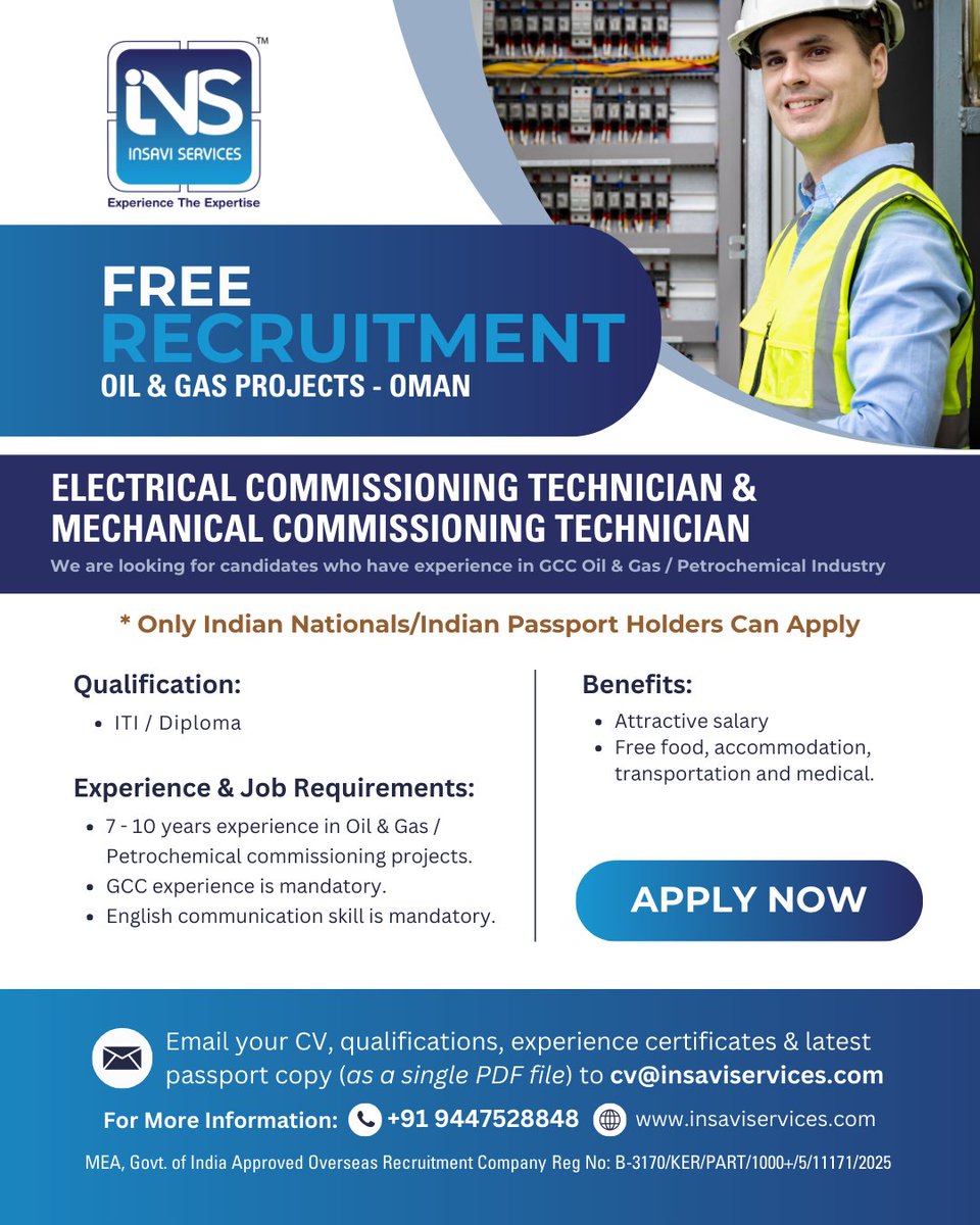 Insavi_Service's tweet photo. FREE RECRUITMENT
Hiring Electrical &amp; Mechanical Commissioning Technicians for Oil &amp; Gas projects.
📩 cv@insaviservices.com

#CommissioningTechniciansJob #InsaviServices #OmanJobs #OverseasJobs #ElectricalCommissioningTechnicians #MechanicalCommissioningTechnicians #OilandGasJobs https://t.co/xcKs5kx8Fu