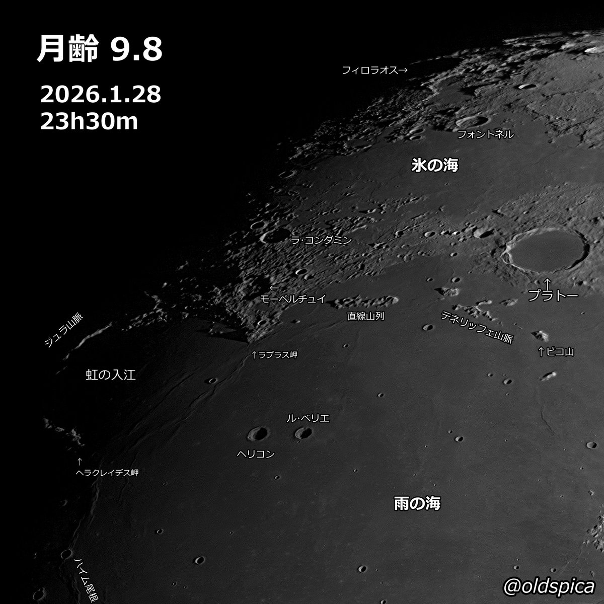 月齢9.8_月面拡大4選】 1/28深夜の月面の見どころ（モノクロ画像