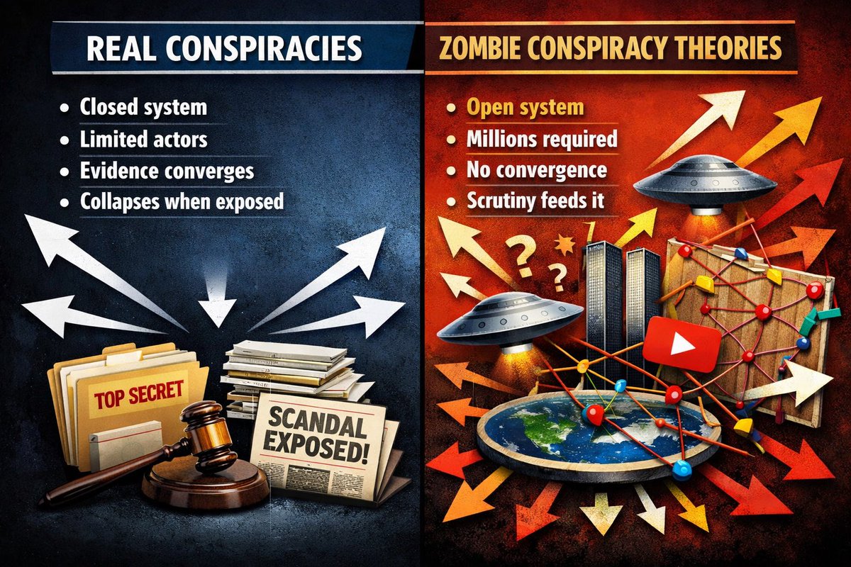 alexboge's tweet photo. The longer and louder a conspiracy theory gets, the less likely it is to be true.

People love to push back on this by saying, “But conspiracies exist.” Of course they do. No one disputes that.

The mistake is pretending conspiracies and conspiracy theories are the same thing. They aren’t.

Real conspiracies are usually uncovered while investigating something else. MKUltra is a textbook case. There wasn’t a massive, long-running public theory debated for decades. It was discovered through documents and investigations, then corroborated quickly once exposed.

Same pattern with Tuskegee and Watergate.
Small groups. Closed systems. Secrecy. And once scrutiny began, evidence surfaced rapidly and the conspiracy collapsed into specifics.

That’s how real conspiracies behave.

Now compare that to the zombie classics:
Moon landing denial, 9/11 controlled demolition, Flat Earth, Aliens and UFOs.

These have been talked about endlessly for decades. Every angle has been examined. Every claim stress-tested. And yet they never produce converging evidence. They never narrow. They never resolve. They just keep going.

That alone tells you what they are. Undead storytelling.

This isn’t about time.
It’s about exposure, scrutiny, and scope.

Real conspiracies
• exist in closed systems
• involve limited participants
• benefit from secrecy and classification
• and once exposed, they tend to unravel quickly

Zombie conspiracy theories
• exist in open systems
• require thousands or millions of people to stay silent
• persist after exposure
• and survive because scrutiny feeds them

Every failed prediction becomes a new excuse.
Every disproof becomes “part of the cover-up.”

Rule of thumb:
If a conspiracy theory has been loud, popular, and publicly examined for decades and still can’t produce converging physical evidence, it’s not revealing genuine conspiracy. It’s a popular idea for one that doesn’t exist.

Real conspiracies collapse once people start talking.
Fake ones never go anywhere - because they’re entertainment, not reality. There is no fire, just smoke.
