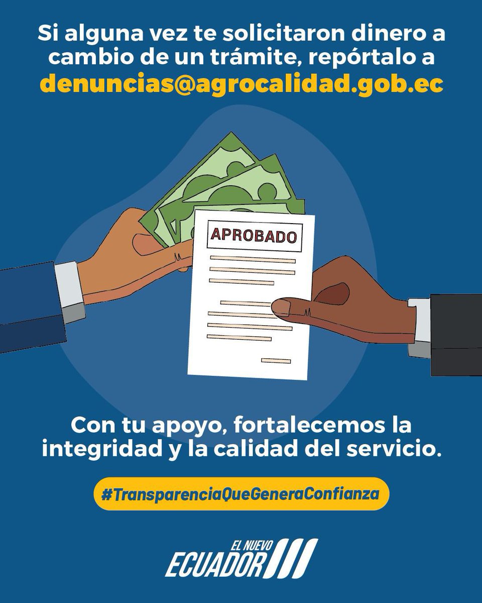 AgrocalidadEC's tweet photo. Si te pidieron dinero por un trámite, no fue un favor. Fue un delito.

Repórtalo a denuncias@agrocalidad.gob.ec

La honestidad se construye con acciones responsables. 

#TransparenciaQueGeneraConfianza https://t.co/jxxLwV6t9W