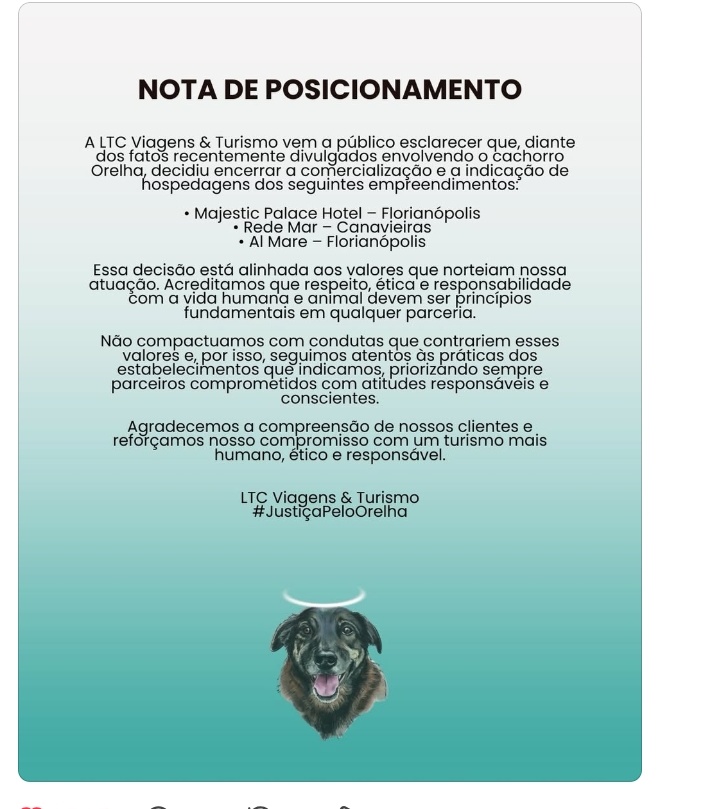 Já são QUATRO empresas de turismo que cortaram contrato com os hotéis Majestic, Rede Mar Canasvieiras e Al Mare.
Desejo muito que  essa lista aumente 🐕🐕 #boicote #JustiçaPorOrelha