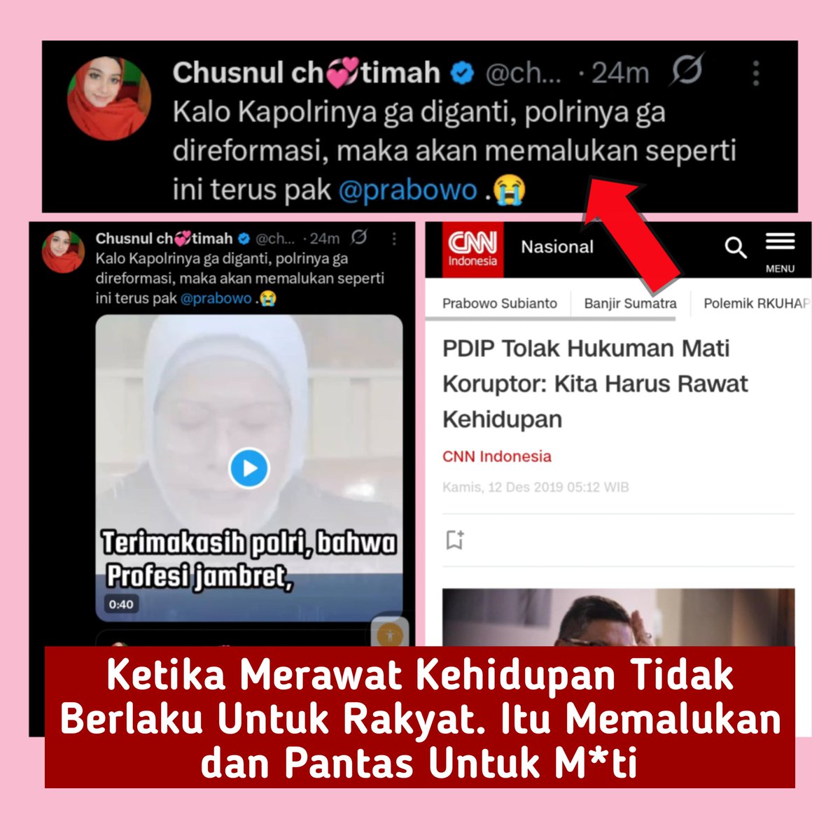 KerjaHasil_id's tweet image. Apakah 'merawat kehidupan' tdk berlaku bagi kami rakyat?
Apakah kehilangan nyawa kami karena lakukan jambret, langsung dianggap pantas untuk m*ti?
Apakah saat #polri lakukan investigasi karna terjadi kehilangan nyawa kami, malah minta ganti Kapolri? #otak @ch_chotimah2 @prabowo