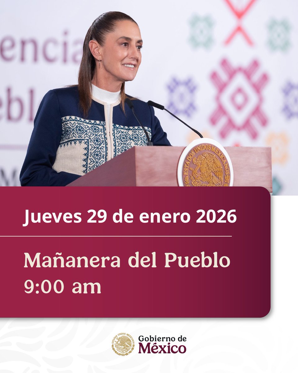 Claudiashein's tweet photo. Mañana jueves 29 de enero, la conferencia matutina cambia de horario. Nos vemos a las 9:00 am desde Palacio Nacional. https://t.co/2FwLEAIJ05