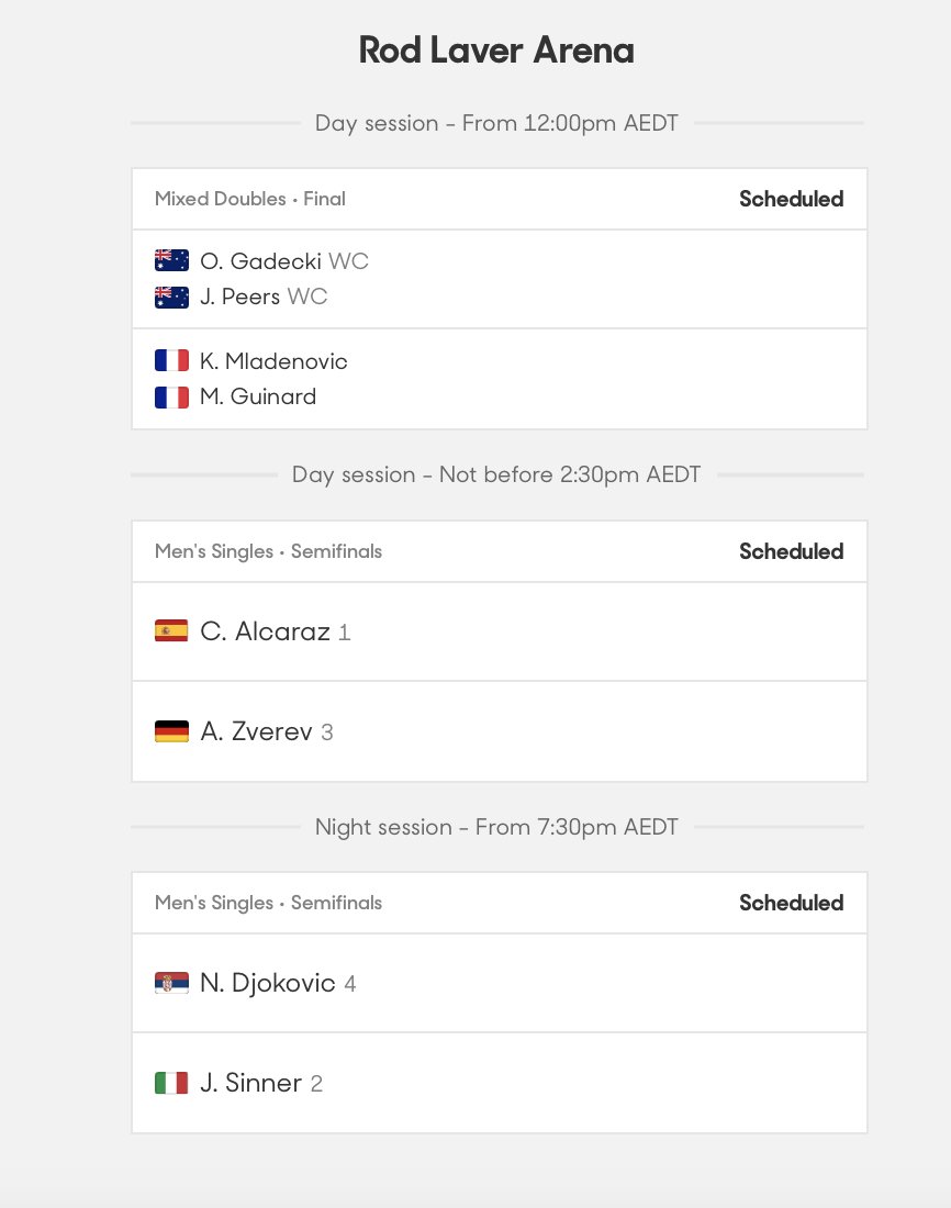 josemorgado's tweet image. As expected, Alcaraz-Zverev is the day session semifinal at 2.30pm, Djokovic-Sinner at 7.30pm