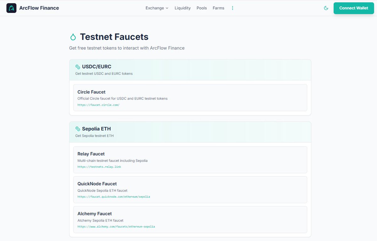 One small but important detail with @ArcFlowFinance onboarding is the  faucet setup. Direct access to USDC and EURC test tokens, plus Sepolia ETH,  removes a lot of early friction. You can go