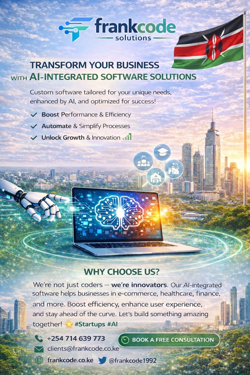 Frankcode1992's tweet photo. @MikeSonko Still running your business manually in 2026? 👀
Our AI-powered software helps you automate, analyze &amp; grow smarter.
Let tech work while you focus on growth 🚀
#AI #Automation #FrankCode https://t.co/LJXzl69Y4a