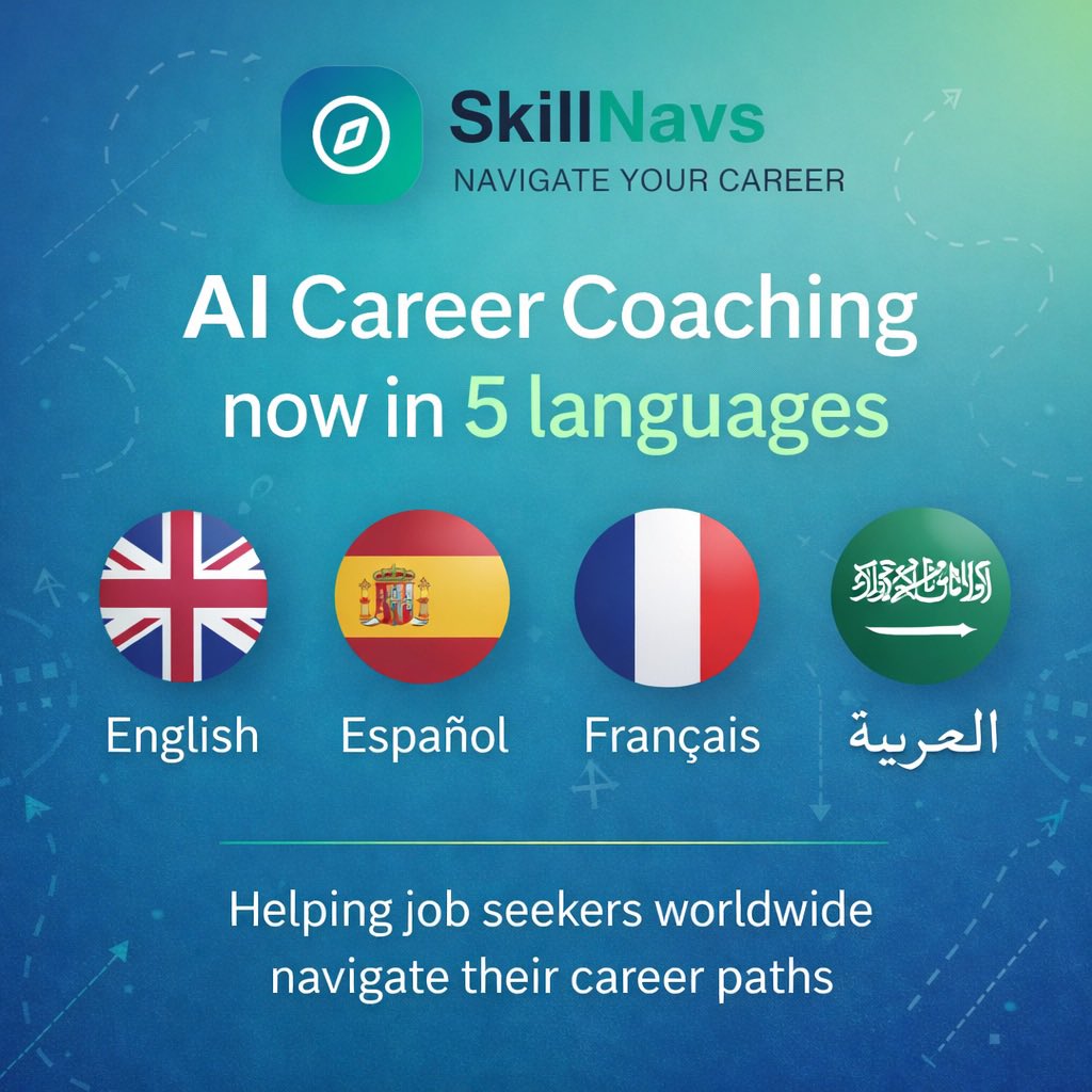 keniwahid's tweet photo. 🌍 تحديث جديد من @SkillNavs

أضفنا التوجيه المهني بالذكاء الاصطناعي بـ 5 لغات:
الإنجليزية • الإسبانية • الفرنسية • العربية • البرتغالية

لأن الإرشاد المهني يجب أن يكون متاحًا للجميع.
الآن يمكن للباحثين عن عمل حول العالم الحصول على توجيه مهني ذكي، تحليل فجوات المهارات، وخارطة طريق مهنية — بلغتهم.

🚀 ابدأ مجانًا: https://t.co/fE4q3qjYpe

#التوجيه_المهني #الذكاء_الاصطناعي #مستقبل_العمل #SkillNavs