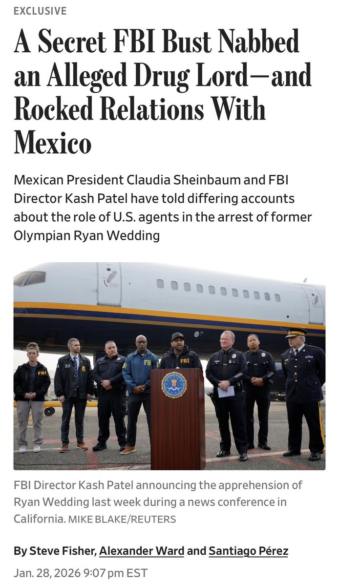 Como le informé con verdad a los mexicanos, hace unos minutos el <a href="/WSJ/">The Wall Street Journal</a> CONFIRMA Ryan Wedding fue capturado en una operación del FBI.
Decir la verdad no es un privilegio, es el único camino.

wsj.com/world/americas…
