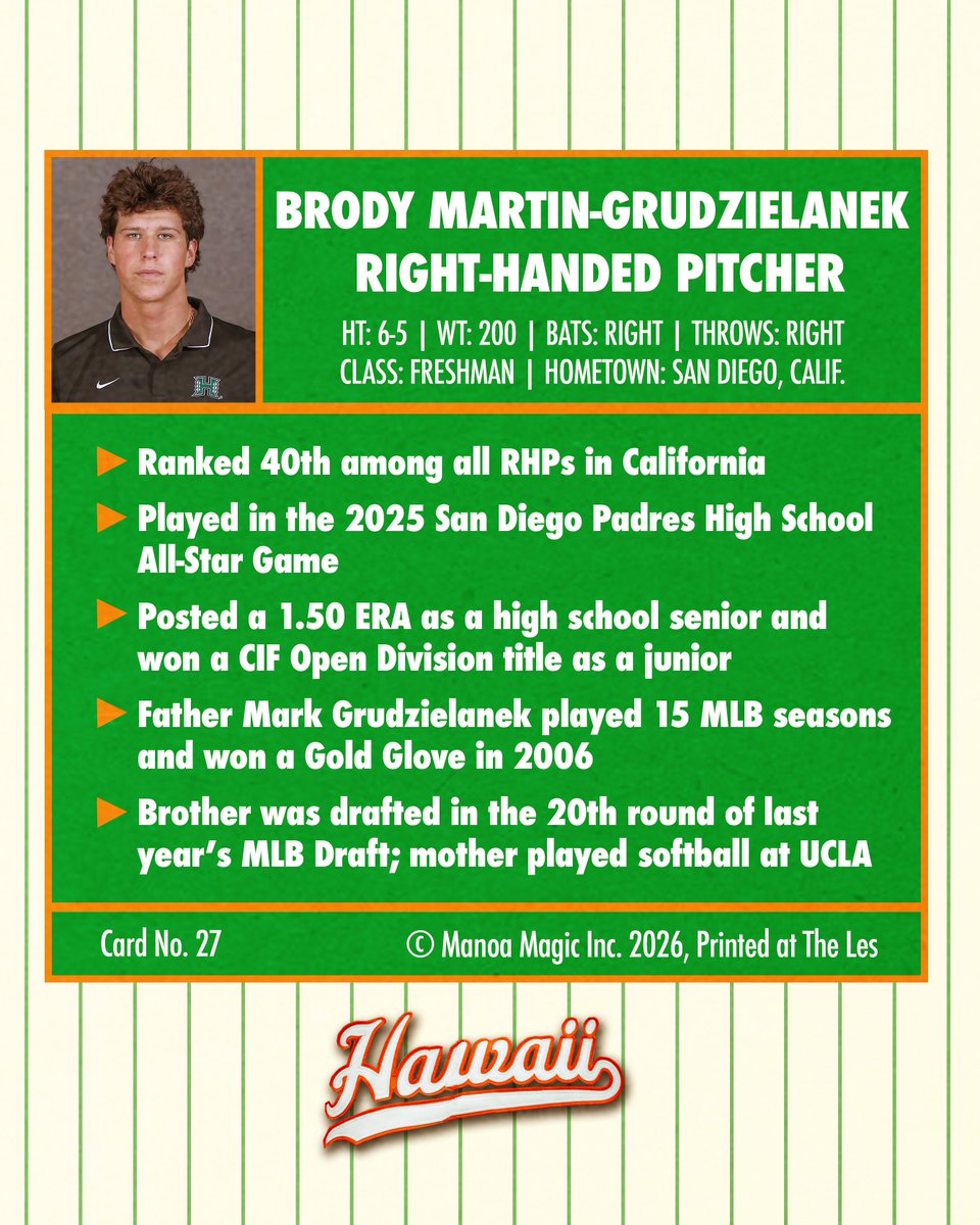 HawaiiBaseball's tweet photo. Freshman flamethrower 🔥

𝐌𝐄𝐄𝐓 𝐓𝐇𝐄 ‘𝐁𝐎𝐖𝐒 | Brody Martin-Grudzielanek

#GoBows https://t.co/HmtlznmepH