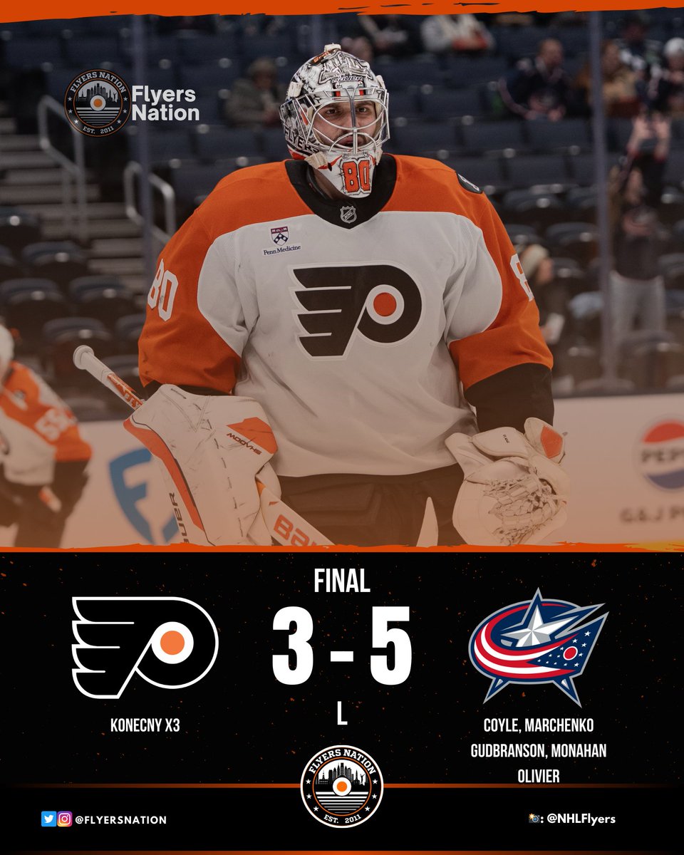 The #Flyers find another way to rip your heart out and cut it into a million pieces. 

Travis Konecny (hat trick) and Dan Vladar showed up tonight, a whole lot of ASS from everyone else. 

The Islanders now have six more points than PHI...Columbus LEAPS them in the standings.