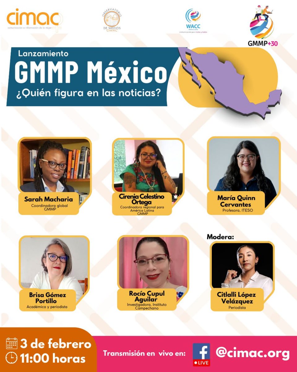 🗞📺 ¿Cuántas mujeres aparecen en las noticias? Descubre los resultados del #GMMP México 🇲🇽, el monitoreo global más importante sobre género en medios.

🗓 3 febrero
⏰ 11:00 am 
📲 Conéctate en vivo facebook.com/cimac.org  
#GMMP30 #WhoMakesTheNews #GenderEquality #Beijing30