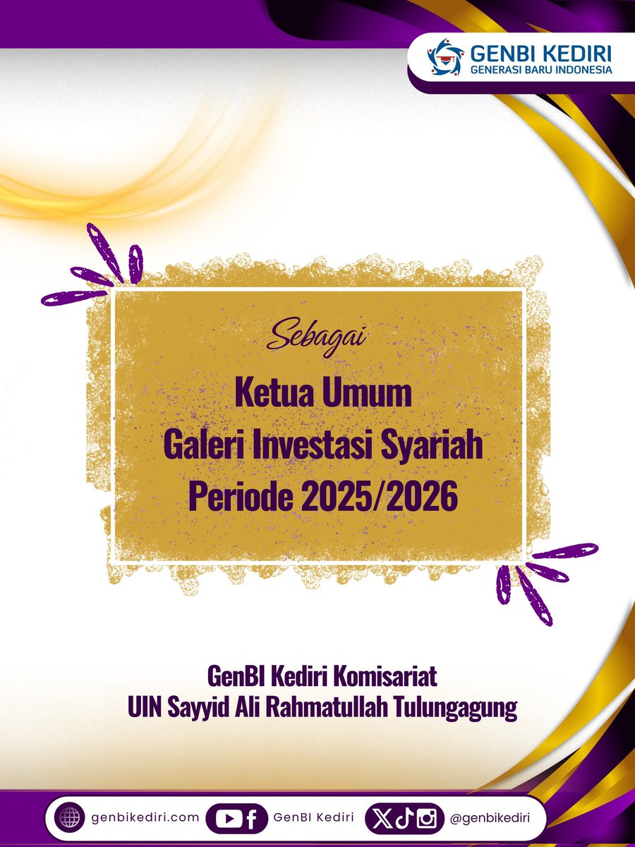 genbikediri's tweet photo. *✨[[ GenBI Kediri Berprestasi]]✨* 

 *🔥Selamat dan Sukses🔥* 

GenBI Kediri Komisariat UIN Sayyid Ali Rahmatullah Tulungagung mengucapkan selamat atas prestasi yang telah diraih oleh:

 *Loventa Zulvania Abellia* 
(Anggota Divisi Social Environment Solidarity) https://t.co/hitrl32PiE