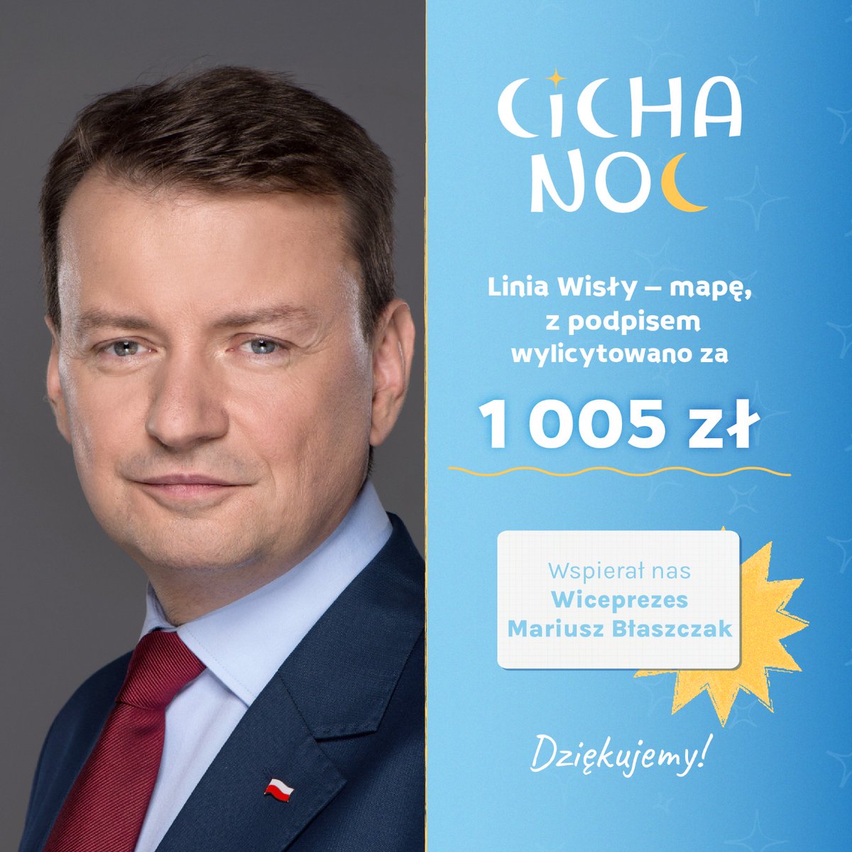 🗺️ Historia i strategia w dobrym celu
Mapa „Linia Wisły” z podpisem Wiceprezesa Mariusza Błaszczaka została wylicytowana za 1 005 zł.🙌✨
Dziękujemy za przekazanie tego wyjątkowego przedmiotu. Każda taka licytacja realnie wzmacnia nasze działania pomocowe.💙